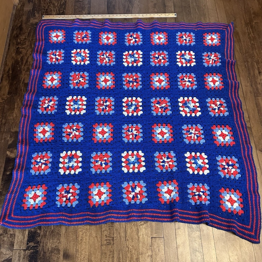Vtg Handmade Granny Square Crochet Afghan Cottage Core 58"X56" Patriotic Blanket